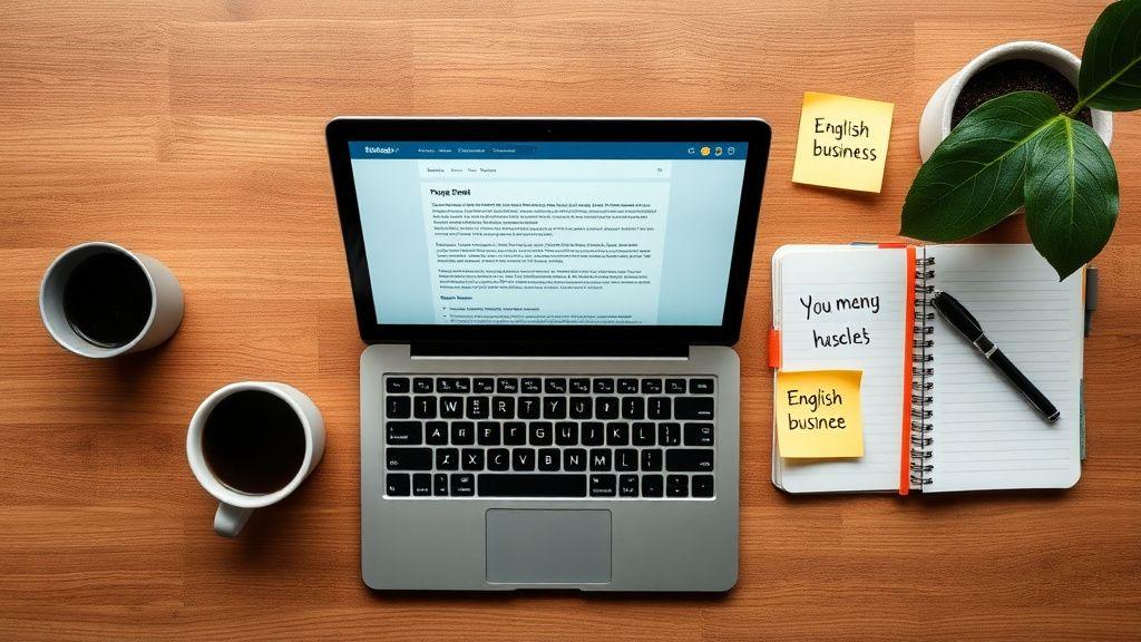 Office desk with laptop and vocabulary notes