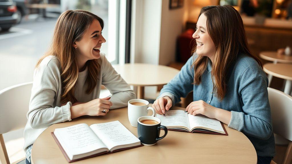 Two people chatting over coffee with notebooks